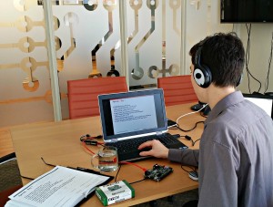 Student use ZYBO, laptop, headphone to attend the online Use ZYBO to learn embedded software design through Hardent's  Embedded Design with PetaLinux Tools class