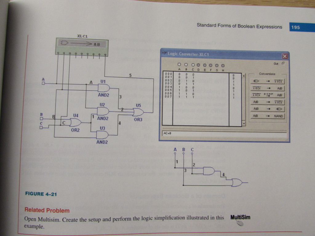 A problem in the book using Multisim to demonstrate logic minimization, a basic concept  in digital design. 