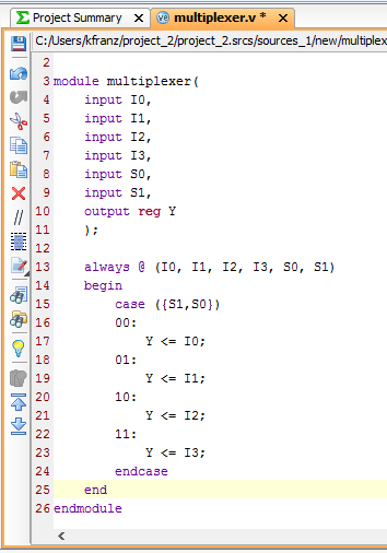 A Multiplexer coded in Verilog as shown in Vivado 2014.4.