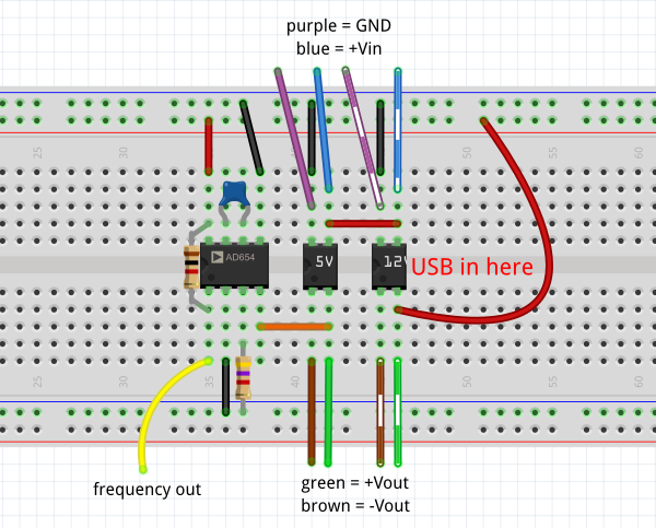 Fritzing image showing the component layout. The purple, blue, green, and brown wires are not part of the circuit and are only there to indicate BRICK pin functions.