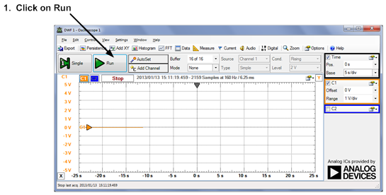 Using WaveForms software to begin acquiring data from the oscilloscope.