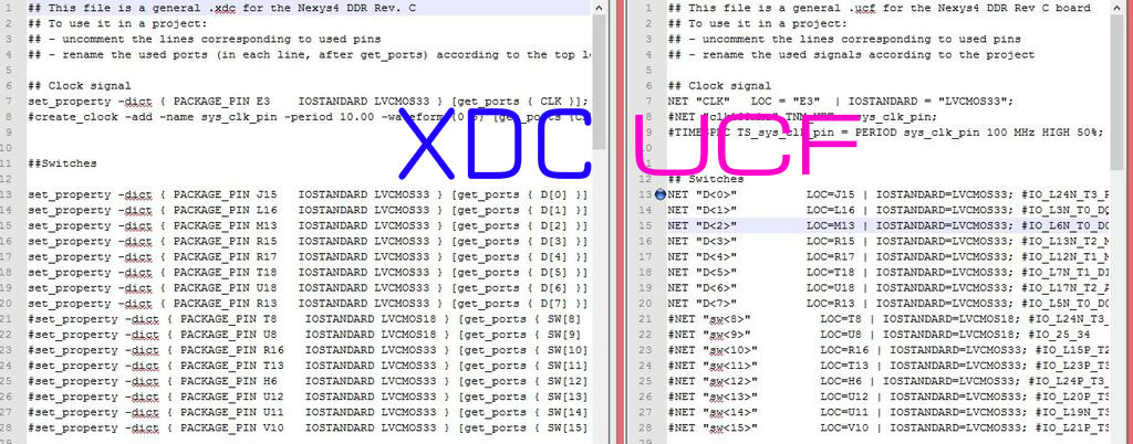A side by side image of the XDC and UCF files for the Nexys 4 DDR.
