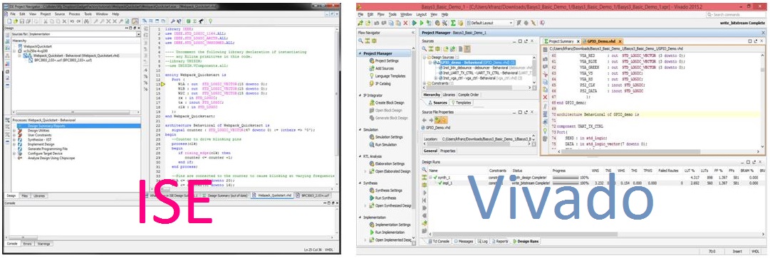 Xilinx ISE and Vivado side by side.