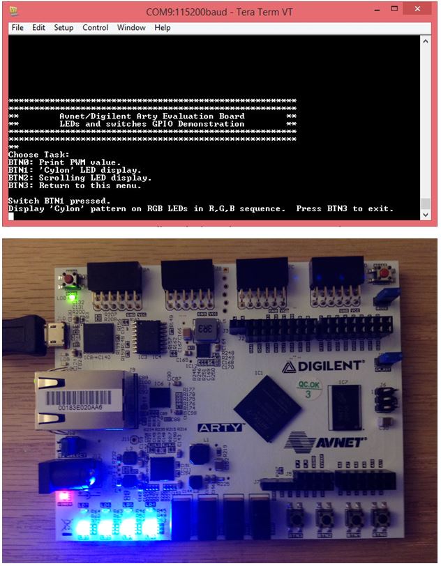 Cylon mode, the chosen mode shown on the screen and the LEDs lit up in a color.