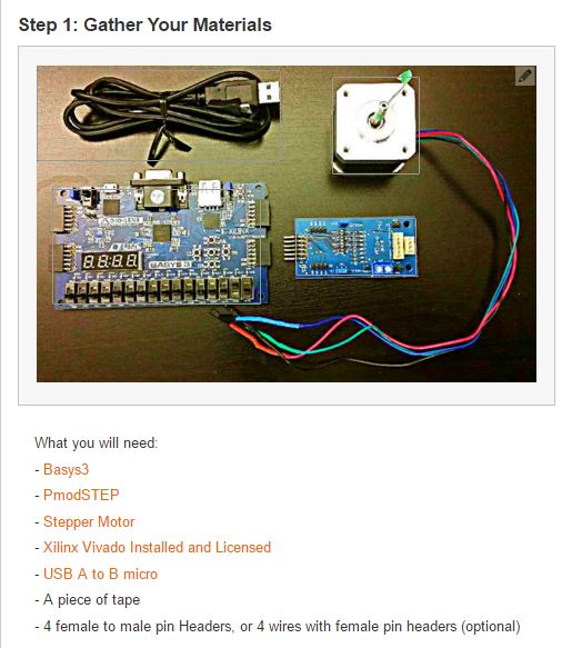 The first step covers what you need. This includes the Basys3, PmodSTEP, stepper motor, and micro USB cable.