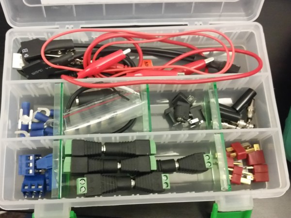 My connector box. Anything I might need to connect pieces of a demo together. Alligator clips, screw terminials, barrel jacks, t-connectors, and more!