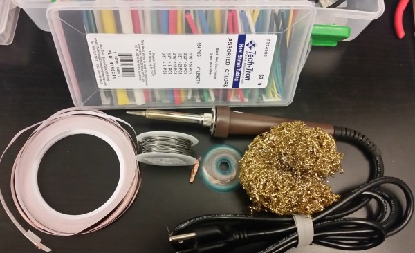In case of electrical failure, soldering supplies. Here I have heat shrink, solder, solderwick, the metal sponge thing that I'm not sure what it's called, and copper tape. 