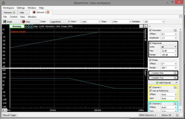 The network analyzer in demo mode. 