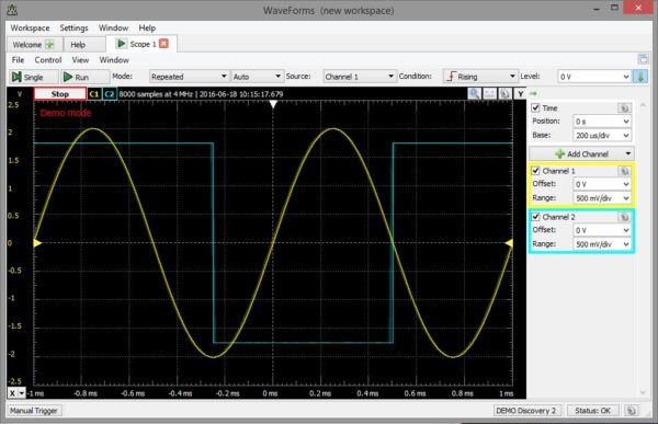The oscilloscope in demo mode. 