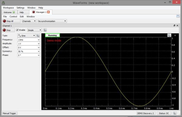 The waveform generator running in demo mode. 