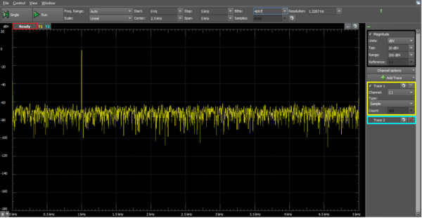 The same 1 kHz sine wave, but now on the spectrum analyzer. Note the spike at 1 kHz and noise everywhere else.