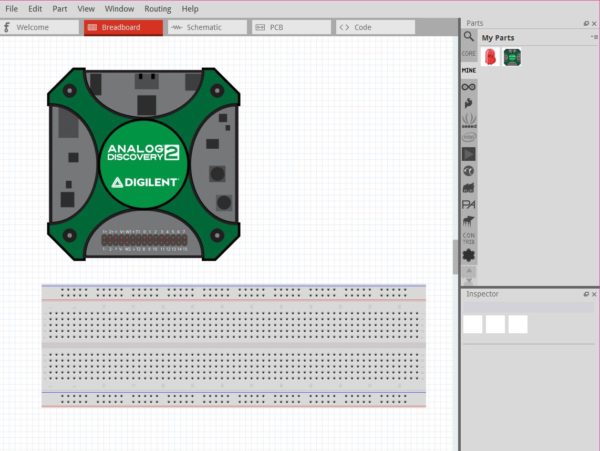 Once you import the Analog Discovery 2 you can drag it from your my parts bin onto the breadboard view. 