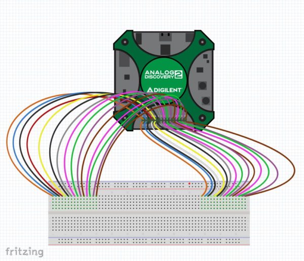 Although the flywires aren't on the Fritzing part, Fritzing contains wires in all the colors that you need. Here I have the Analog Discovery 2 Fritzing part with all the wires attached. 