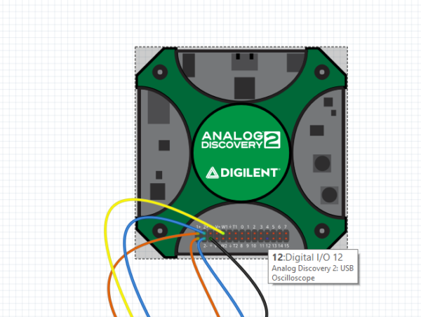 When the Analog Discovery 2 part is used in Fritzing, you can hover over each of the pins and see the tools that each pin corresponds to. 