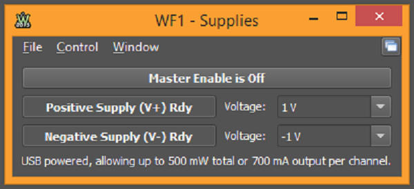 The Analog Discovery 2 power supply window.