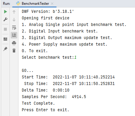 Benchmark voltmeter test shown in Python