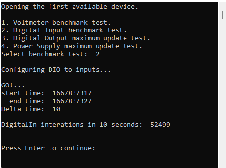 Digital Input benchmark test result shown in C