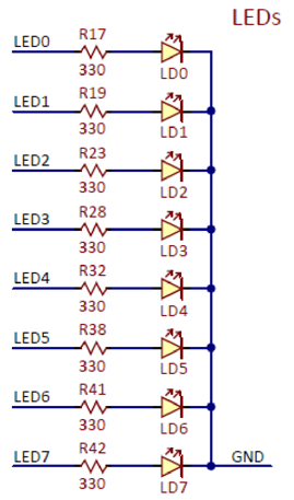 Figure A.2. Basys MX3 schematic diagram for LED0 through LED8.
