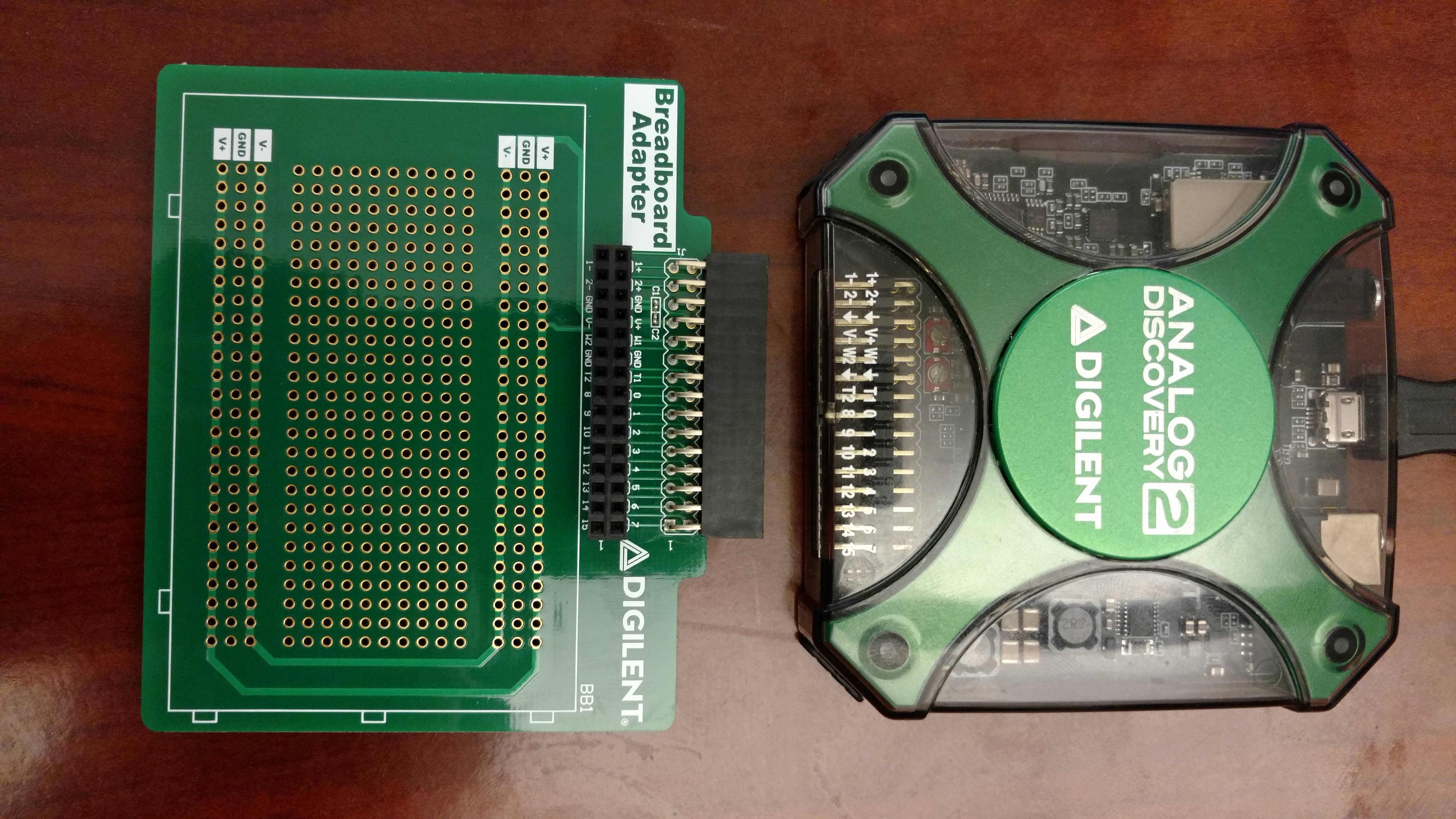 The BreadBoard Adapter for the Analog Discovery 2 attaches directly to the AD2 (click to enlarge)