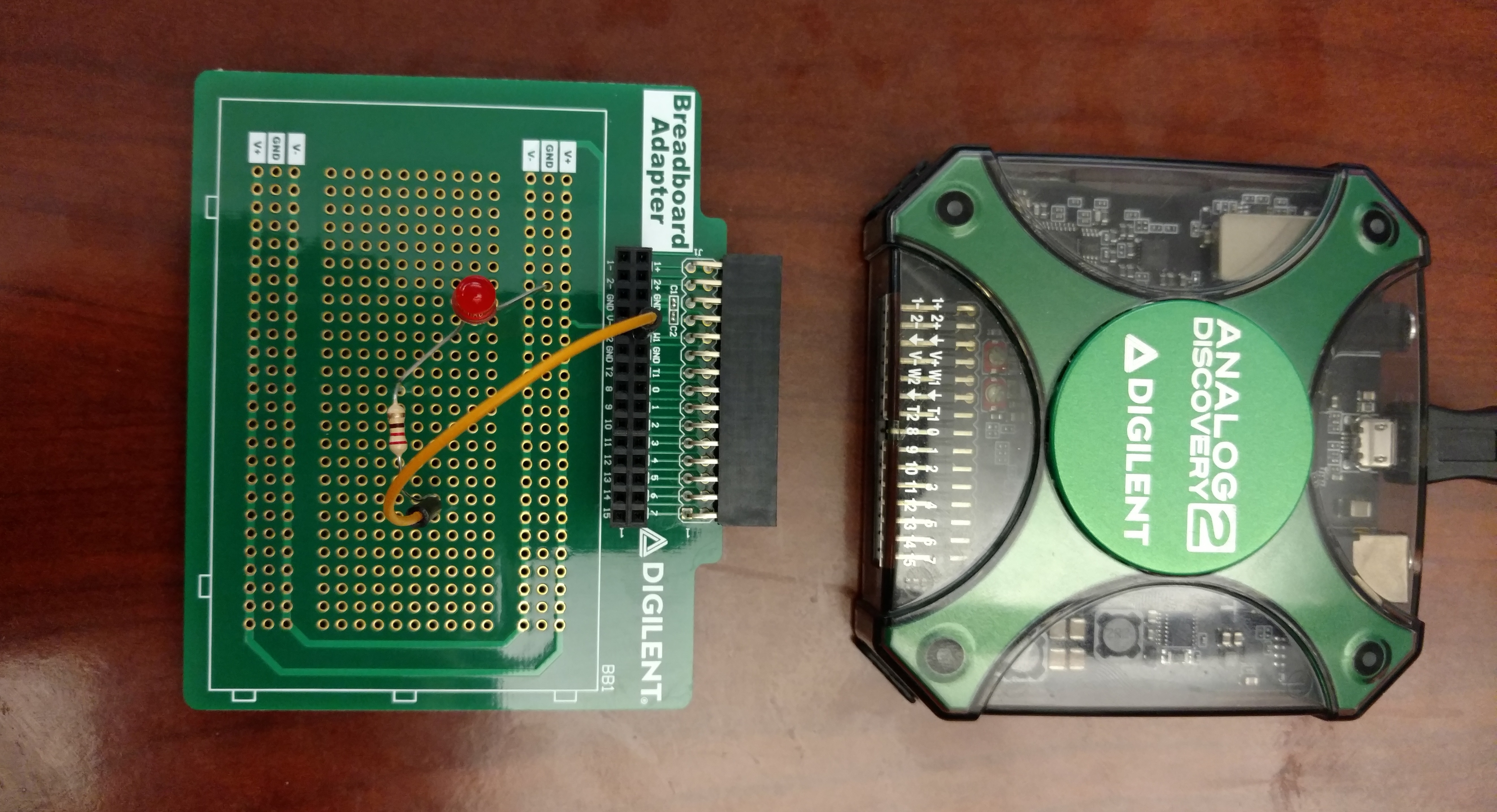 Analog Discovery 2 and BreadBoard Adapter for the Analog Discovery Separated (click to enlarge)