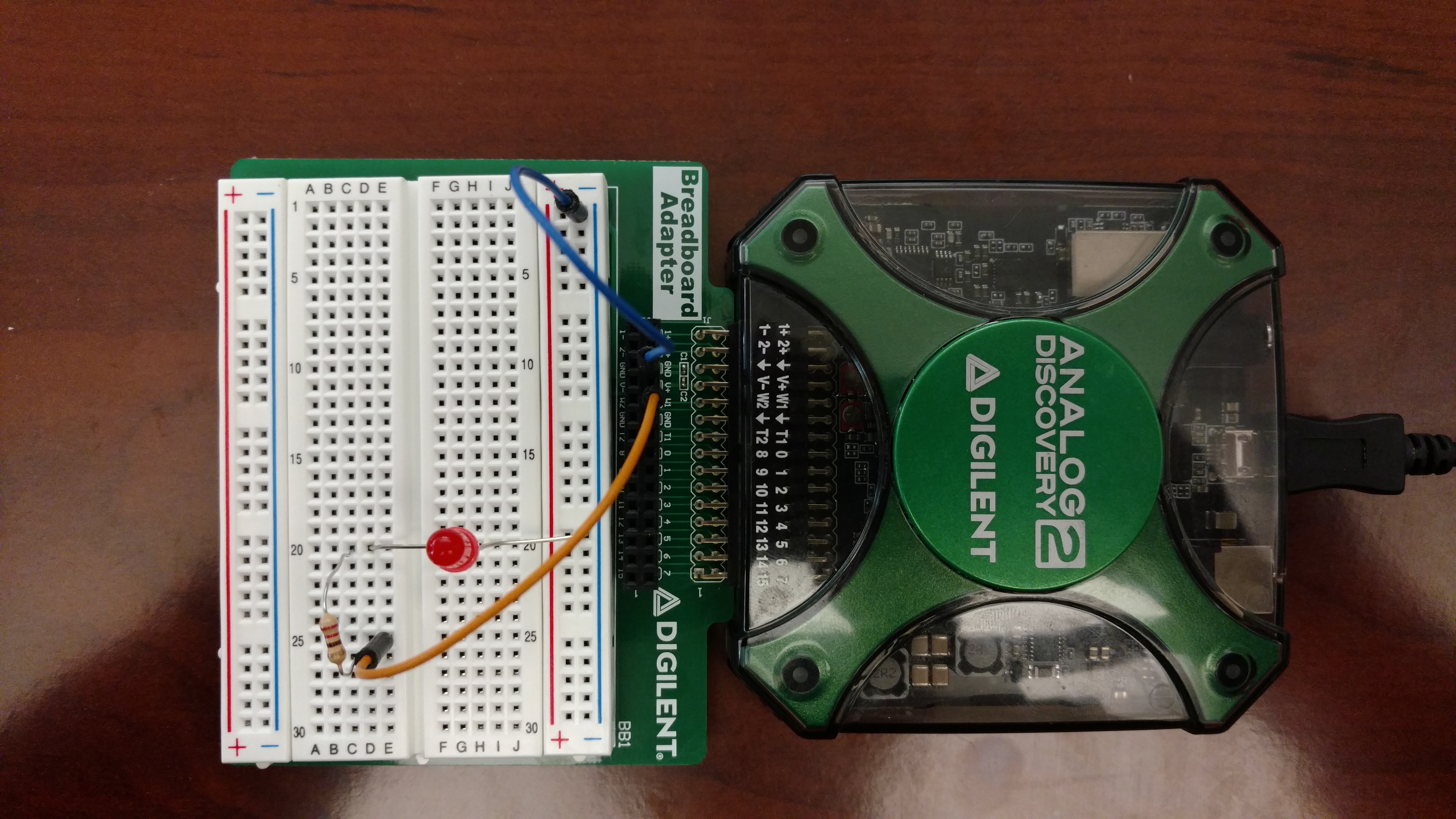 Analog Discovery 2 and the BreadBoard Adapter using the included breadboard (click to enlarge